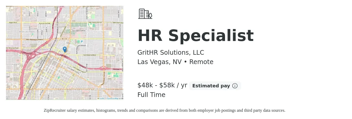 GritHR Solutions, LLC job posting for a HR Specialist in Las Vegas, NV with a salary of $48,000 to $58,000 Yearly with a map of Las Vegas location.