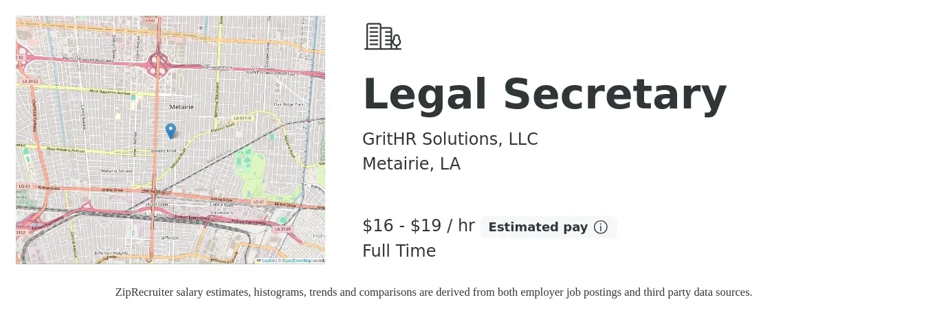 GritHR Solutions, LLC job posting for a Legal Secretary in Metairie, LA with a salary of $17 to $20 Hourly with a map of Metairie location.
