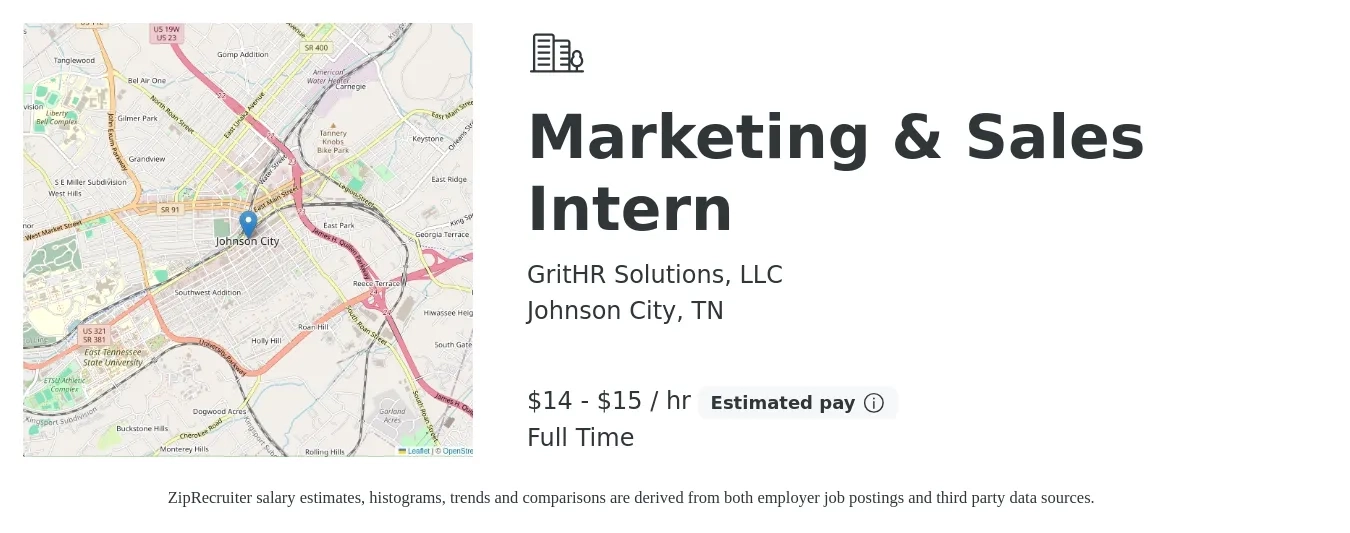 GritHR Solutions, LLC job posting for a Marketing & Sales Intern in Johnson City, TN with a salary of $15 to $16 Hourly with a map of Johnson City location.