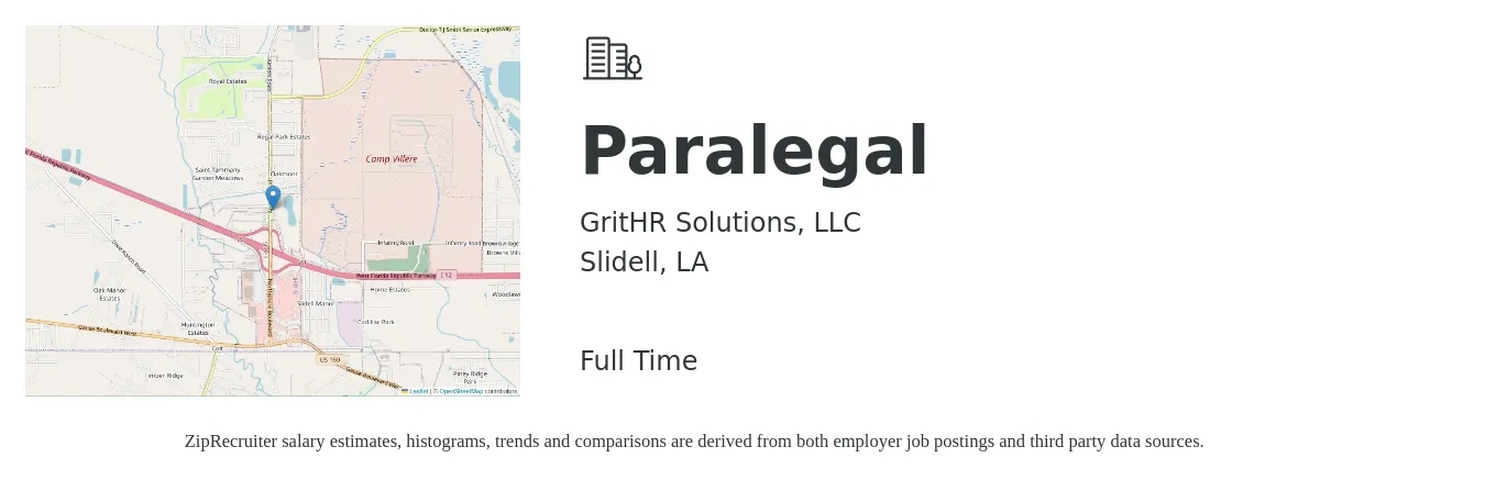 GritHR Solutions, LLC job posting for a Paralegal in Slidell, LA with a salary of $41,600 to $62,400 Yearly with a map of Slidell location.