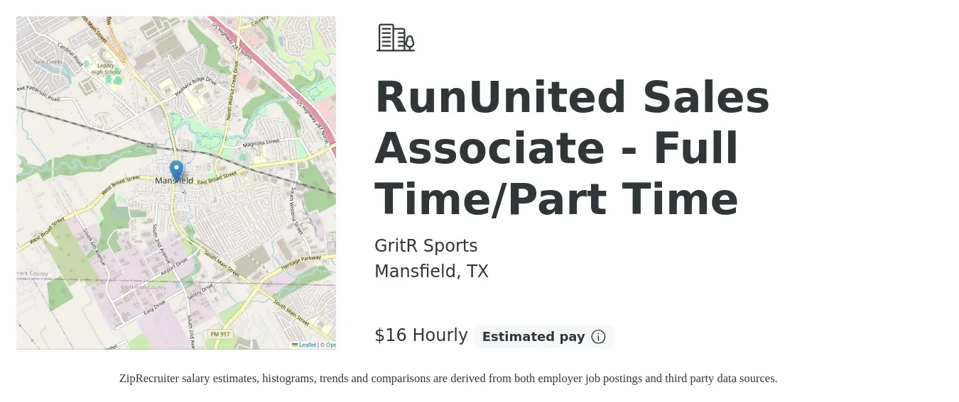 GritR Sports job posting for a RunUnited Sales Associate - Full Time/Part Time in Mansfield, TX with a salary of $17 Hourly with a map of Mansfield location.