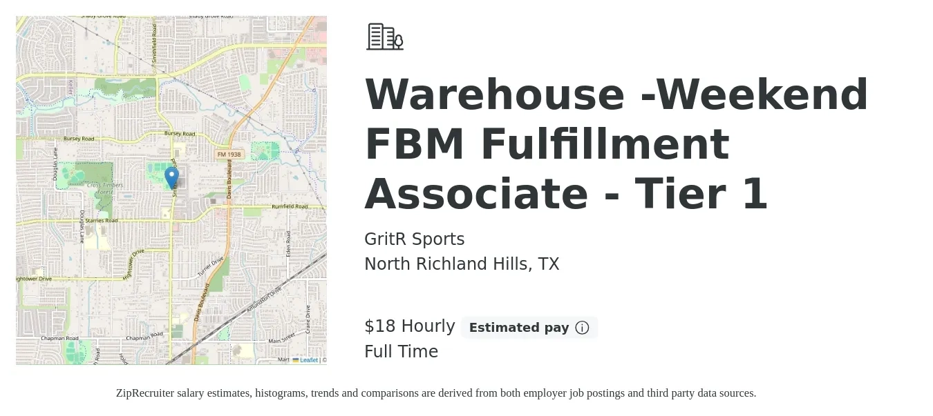 GritR Sports job posting for a Warehouse -Weekend FBM Fulfillment Associate - Tier 1 in North Richland Hills, TX with a salary of $20 Hourly with a map of North Richland Hills location.