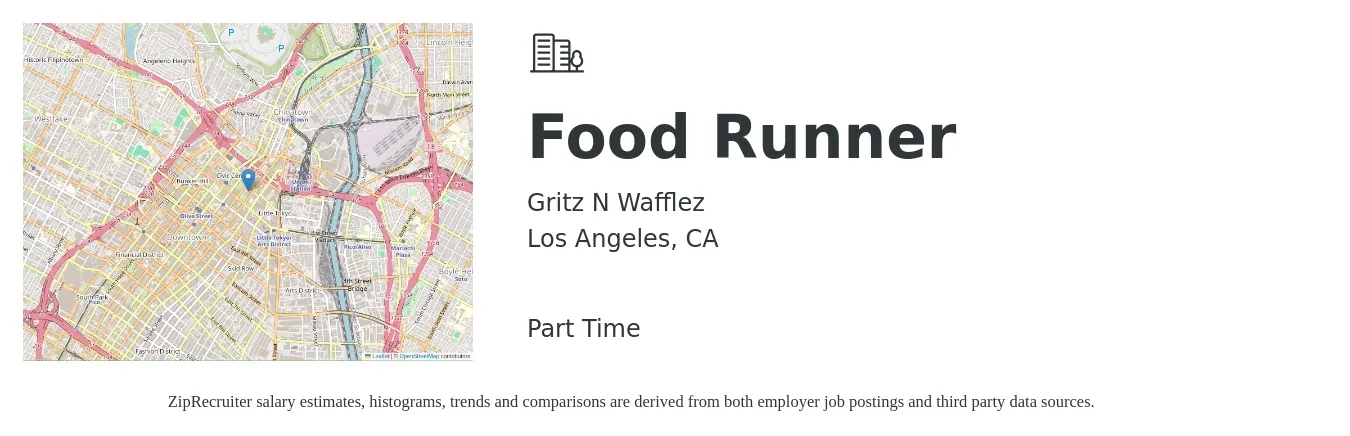 Gritz N Wafflez job posting for a Food Runner in Los Angeles, CA with a salary of $16 to $24 Hourly with a map of Los Angeles location.