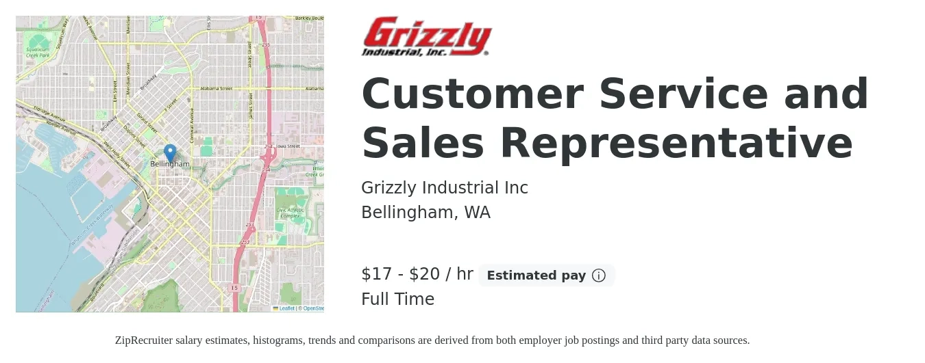 Grizzly Industrial Inc job posting for a Customer Service and Sales Representative in Bellingham, WA with a salary of $18 to $21 Hourly with a map of Bellingham location.
