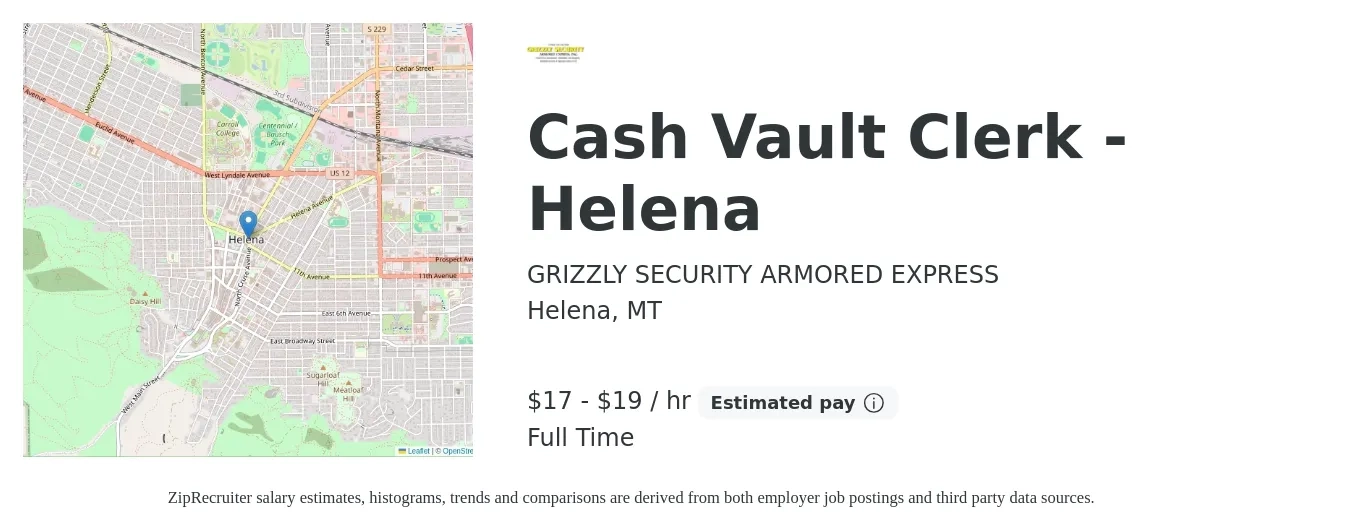 GRIZZLY SECURITY ARMORED EXPRESS job posting for a Cash Vault Clerk - Helena in Helena, MT with a salary of $18 to $20 Hourly with a map of Helena location.