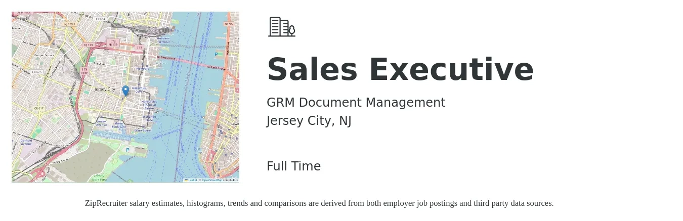 GRM Document Management job posting for a Sales Executive in Jersey City, NJ with a salary of $59,500 to $102,300 Yearly with a map of Jersey City location.