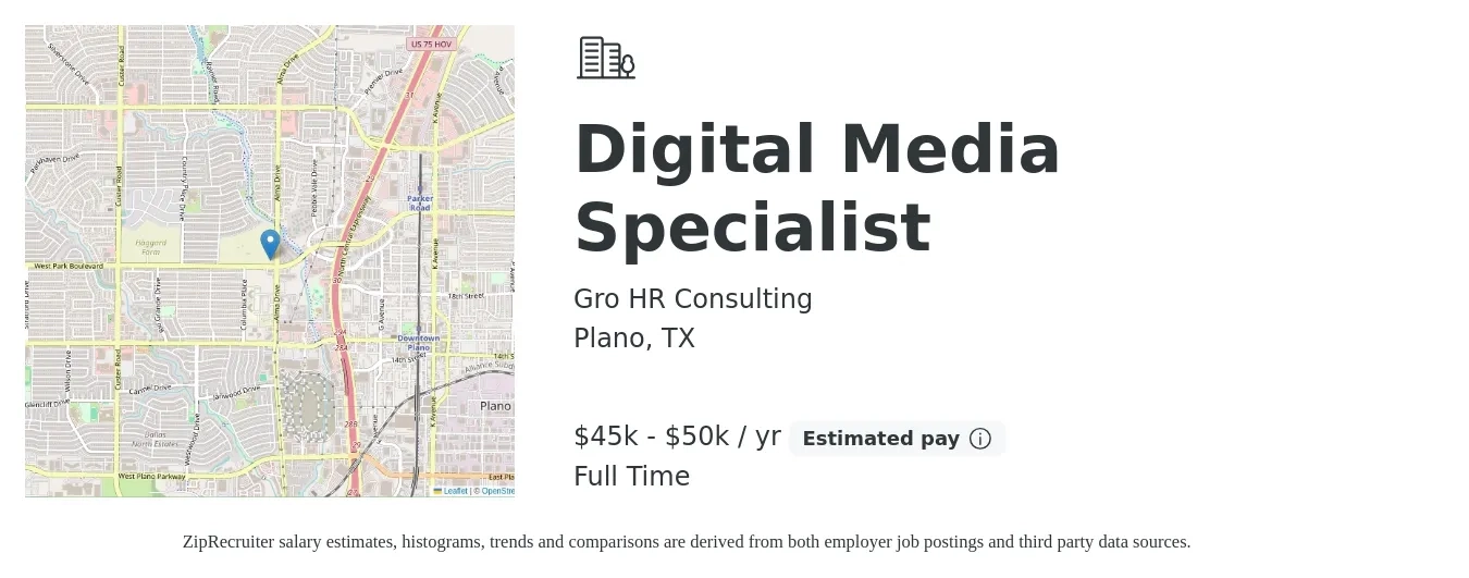 Gro HR Consulting job posting for a Digital Media Specialist in Plano, TX with a salary of $45,000 to $50,000 Yearly with a map of Plano location.
