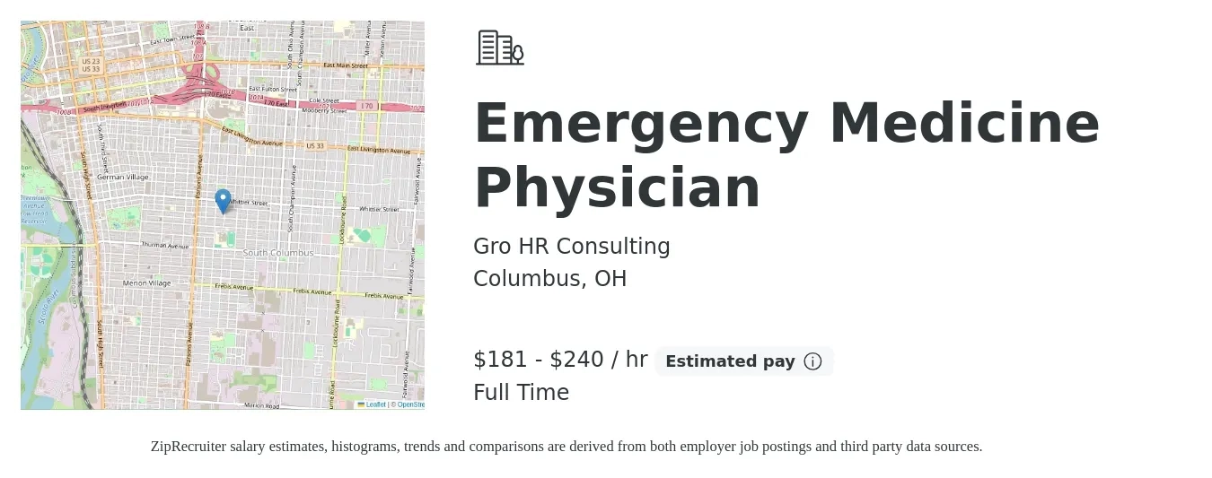 Gro HR Consulting job posting for a Emergency Medicine Physician in Columbus, OH with a salary of $189 to $200 Hourly with a map of Columbus location.