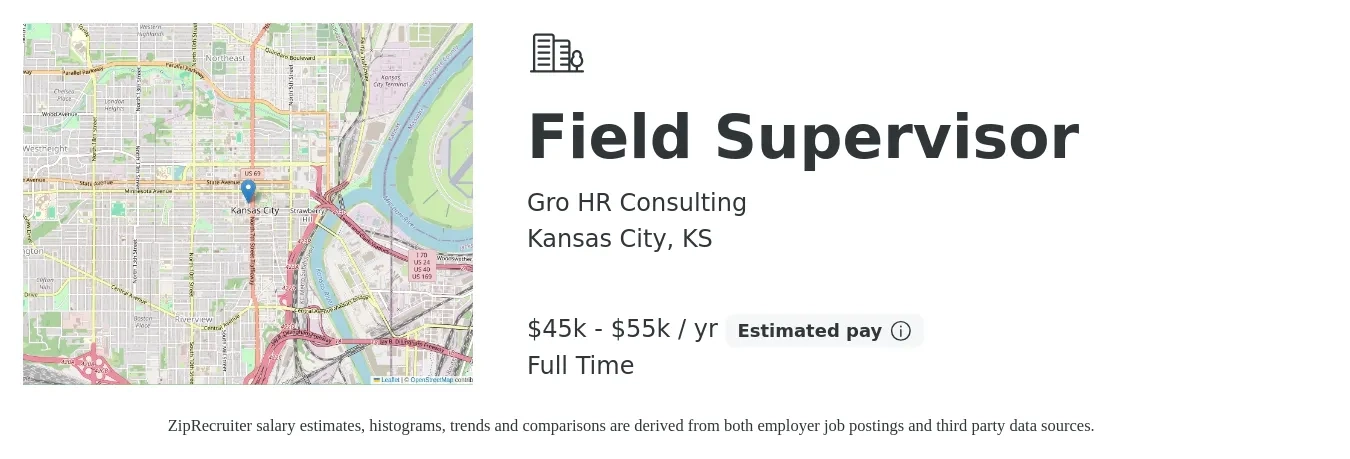 Gro HR Consulting job posting for a Field Supervisor in Kansas City, KS with a salary of $45,000 to $55,000 Yearly with a map of Kansas City location.