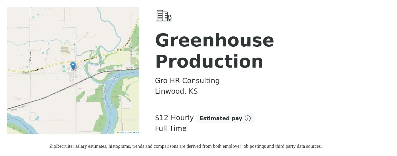 Gro HR Consulting job posting for a Greenhouse Production in Linwood, KS with a salary of $13 Hourly with a map of Linwood location.