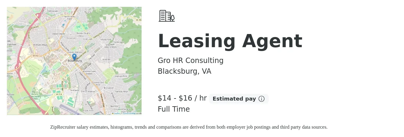 Gro HR Consulting job posting for a Leasing Agent in Blacksburg, VA with a salary of $15 to $17 Hourly with a map of Blacksburg location.