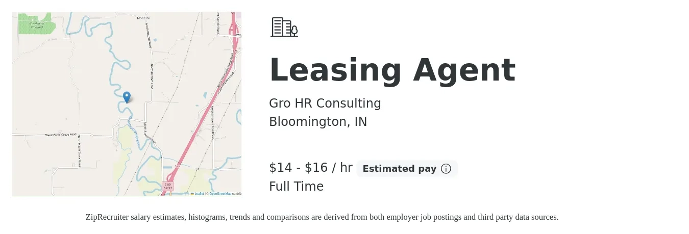 Gro HR Consulting job posting for a Leasing Agent in Bloomington, IN with a salary of $15 to $17 Hourly with a map of Bloomington location.