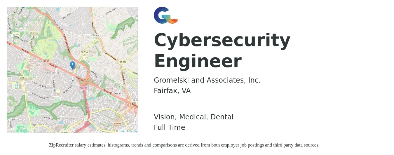 Gromelski and Associates, Inc. job posting for a Cybersecurity Engineer in Fairfax, VA with a salary of $104,300 to $145,100 Yearly and benefits including retirement, vision, dental, life_insurance, medical, and pto with a map of Fairfax location.