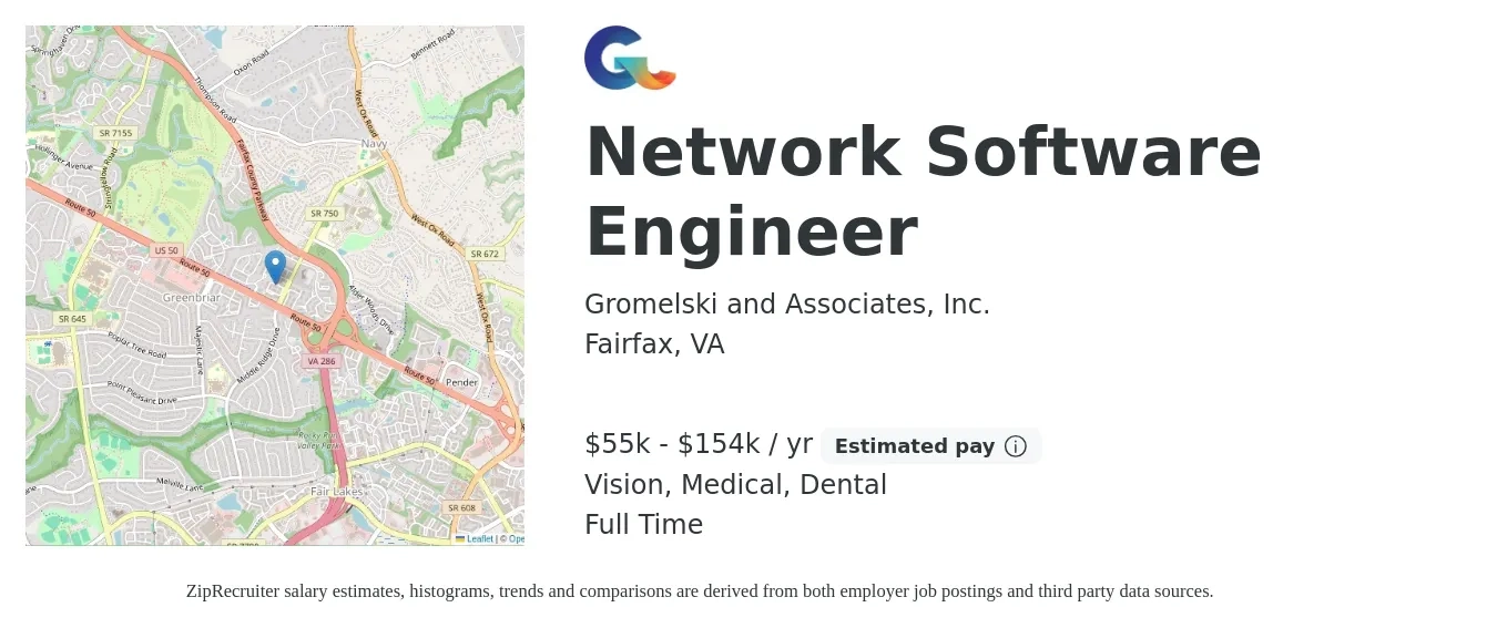 Gromelski and Associates, Inc. job posting for a Network Software Engineer in Fairfax, VA with a salary of $55,000 to $154,000 Yearly and benefits including retirement, vision, dental, life_insurance, medical, and pto with a map of Fairfax location.