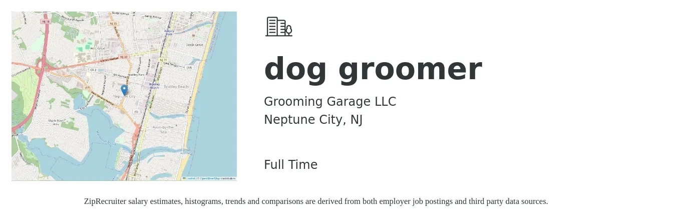 Grooming Garage LLC job posting for a dog groomer in Neptune City, NJ with a salary of $20 to $29 Hourly with a map of Neptune City location.