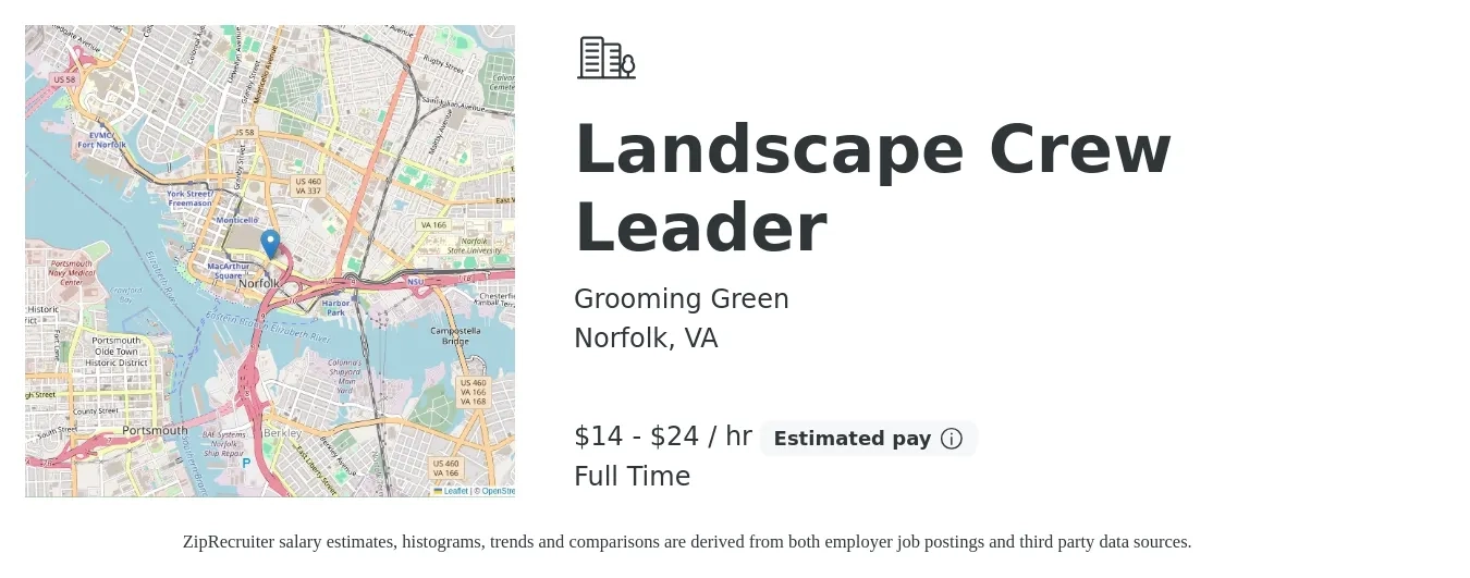 Grooming Green job posting for a Landscape Crew Leader in Norfolk, VA with a salary of $15 to $25 Hourly with a map of Norfolk location.