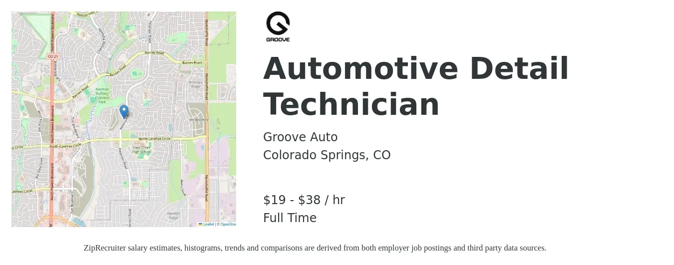Groove Auto job posting for a Automotive Detail Technician in Colorado Springs, CO with a salary of $20 to $40 Hourly with a map of Colorado Springs location.