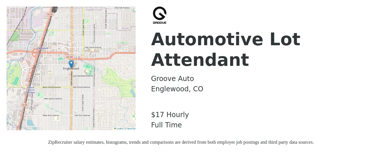 Groove Auto job posting for a Automotive Lot Attendant in Englewood, CO with a salary of $18 Hourly with a map of Englewood location.