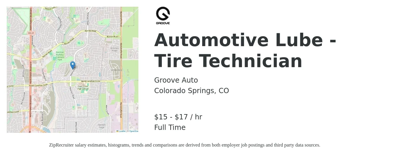 Groove Auto job posting for a Automotive Lube -Tire Technician in Colorado Springs, CO with a salary of $16 to $18 Hourly with a map of Colorado Springs location.