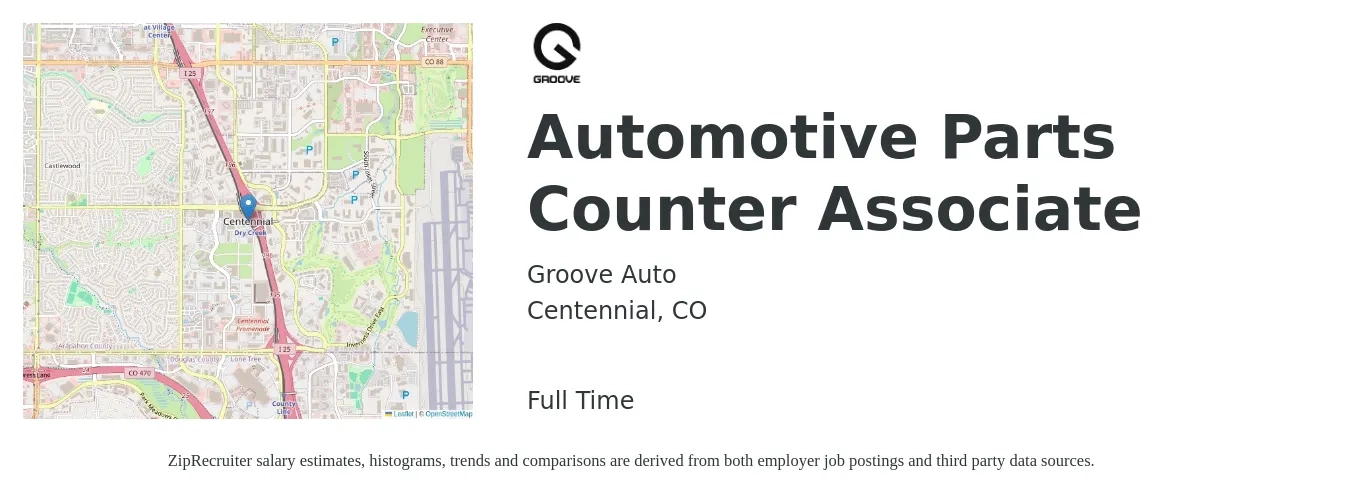 Groove Auto job posting for a Automotive Parts Counter Associate in Centennial, CO with a salary of $16 to $22 Hourly with a map of Centennial location.