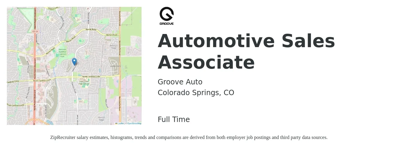 Groove Auto job posting for a Automotive Sales Associate in Colorado Springs, CO with a salary of $16 to $26 Hourly with a map of Colorado Springs location.