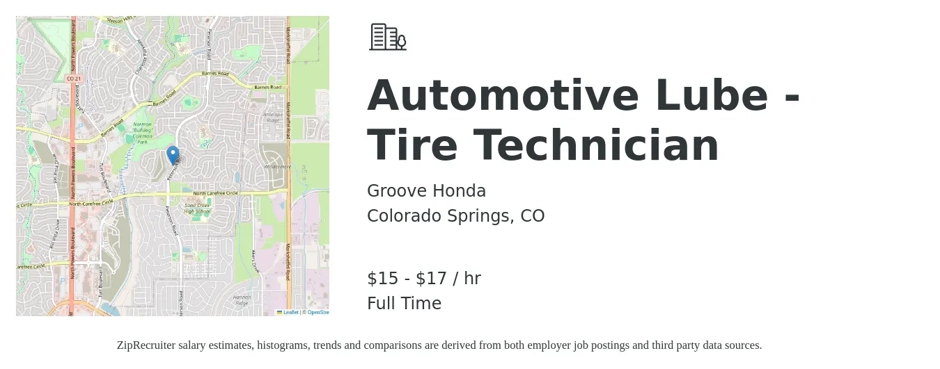 Groove Honda job posting for a Automotive Lube -Tire Technician in Colorado Springs, CO with a salary of $16 to $18 Hourly with a map of Colorado Springs location.