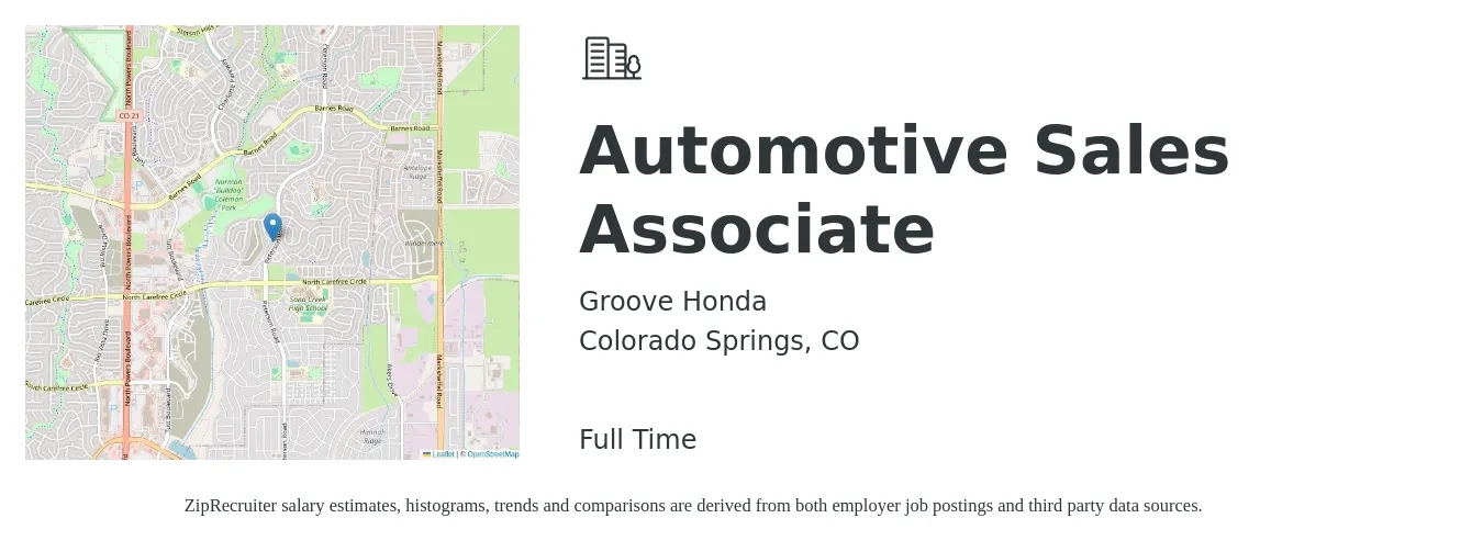 Groove Honda job posting for a Automotive Sales Associate in Colorado Springs, CO with a salary of $16 to $26 Hourly with a map of Colorado Springs location.
