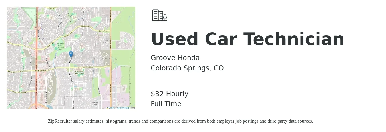 Groove Honda job posting for a Used Car Technician in Colorado Springs, CO with a salary of $34 Hourly with a map of Colorado Springs location.