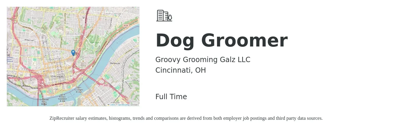 Groovy Grooming Galz LLC job posting for a Dog Groomer in Cincinnati, OH with a salary of $200 Daily with a map of Cincinnati location.