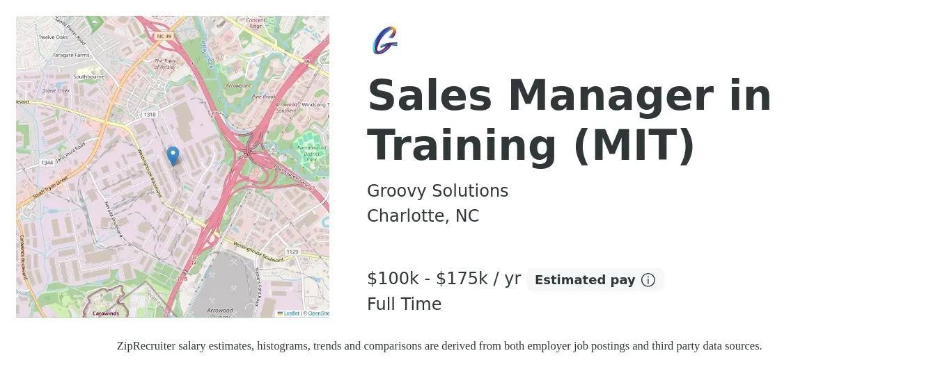 Groovy Solutions job posting for a Sales Manager in Training (MIT) in Charlotte, NC with a salary of $100,000 to $175,000 Yearly (plus commission) with a map of Charlotte location.