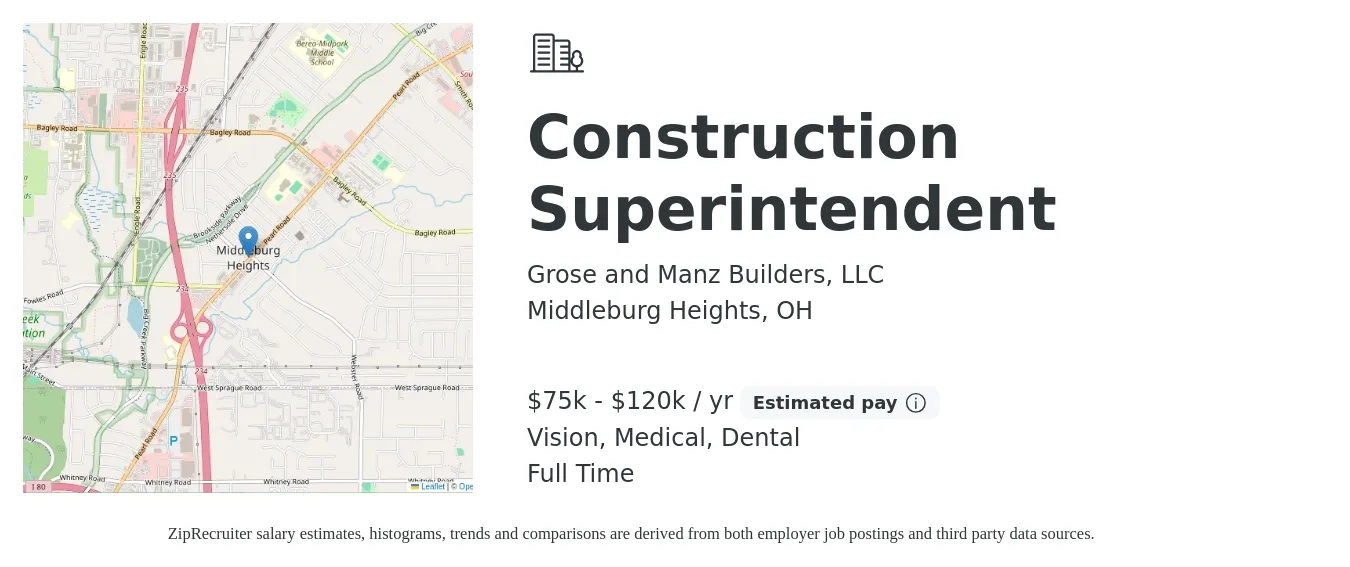 Grose and Manz Builders, LLC job posting for a Construction Superintendent in Middleburg Heights, OH with a salary of $75,000 to $120,000 Yearly and benefits including dental, medical, pto, retirement, and vision with a map of Middleburg Heights location.