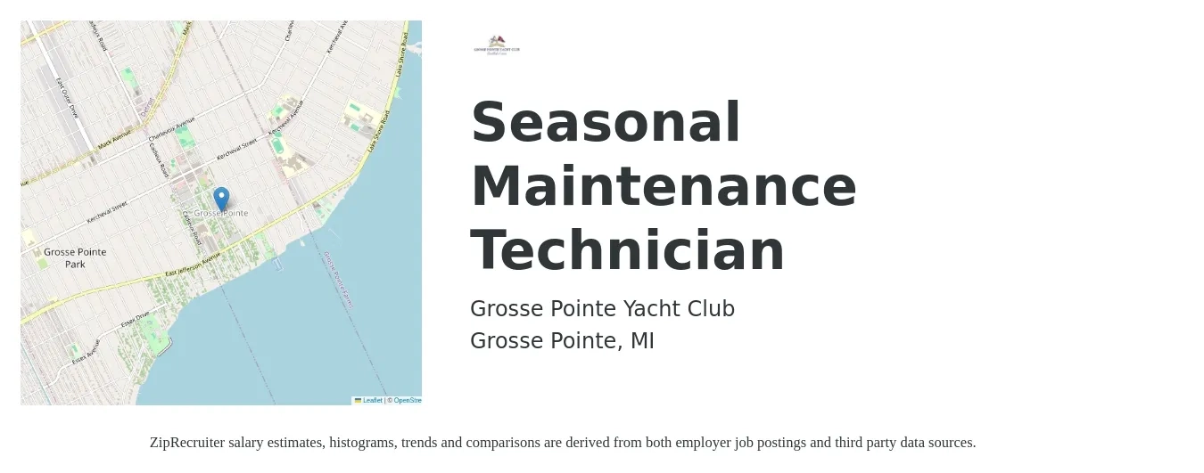 Grosse Pointe Yacht Club job posting for a Seasonal Maintenance Technician in Grosse Pointe, MI with a salary of $18 to $25 Hourly with a map of Grosse Pointe location.