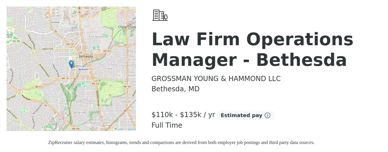 GROSSMAN YOUNG & HAMMOND LLC job posting for a Law Firm Operations Manager - Bethesda in Bethesda, MD with a salary of $110,000 to $135,000 Yearly with a map of Bethesda location.