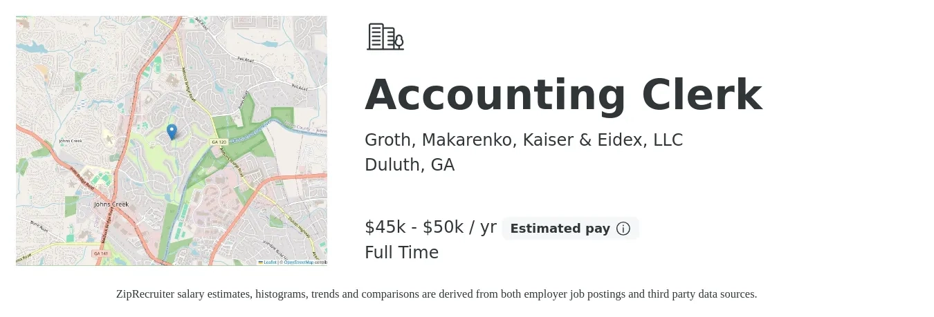 Groth, Makarenko, Kaiser & Eidex, LLC job posting for a Accounting Clerk in Duluth, GA with a salary of $45,000 to $50,000 Yearly with a map of Duluth location.