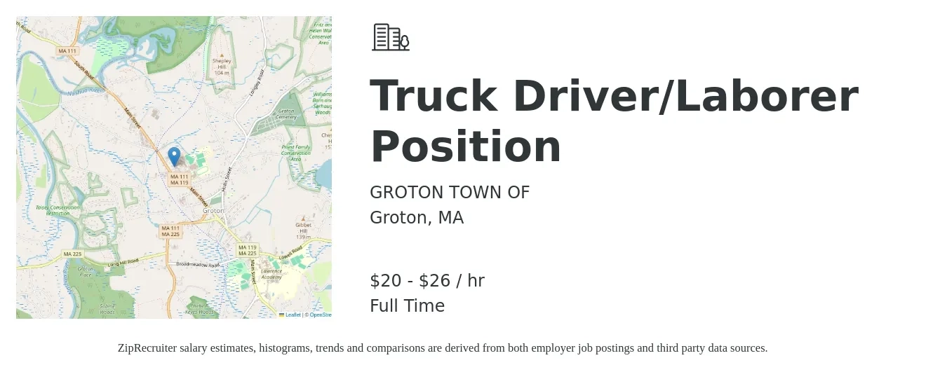 GROTON TOWN OF job posting for a Truck Driver/Laborer Position in Groton, MA with a salary of $21 to $28 Hourly with a map of Groton location.