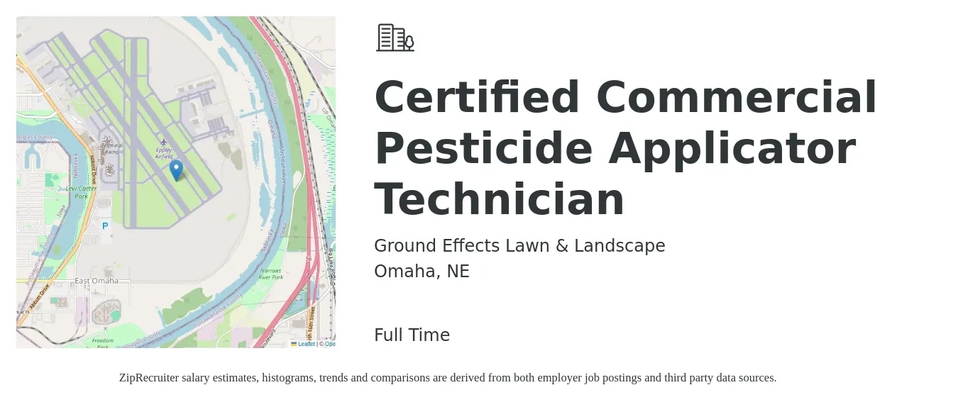 Ground Effects Lawn & Landscape job posting for a Certified Commercial Pesticide Applicator Technician in Omaha, NE with a salary of $19 to $24 Hourly with a map of Omaha location.