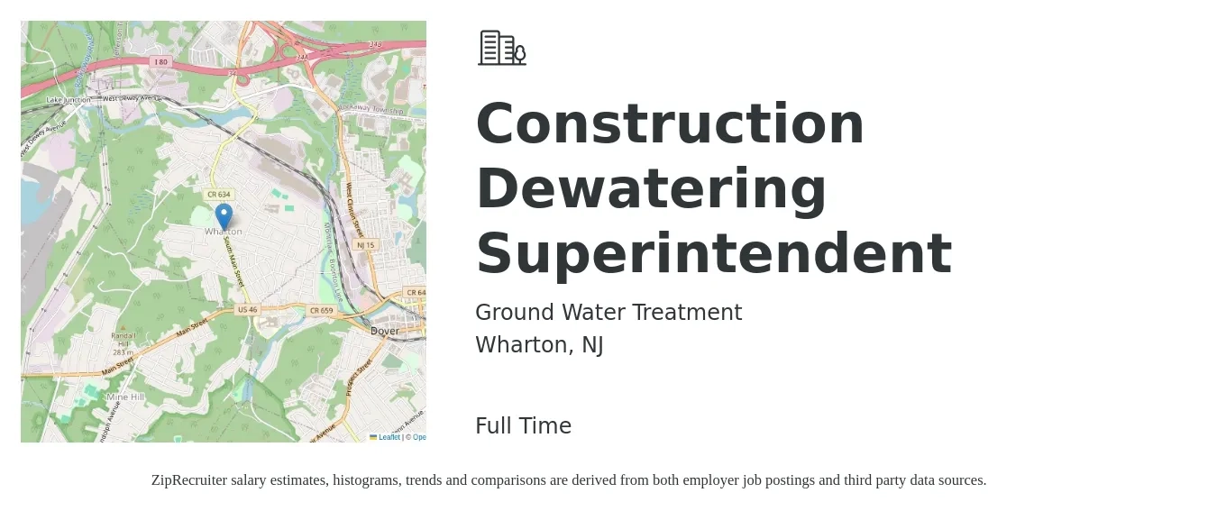 Ground Water Treatment job posting for a Construction Dewatering Superintendent in Wharton, NJ with a salary of $73,900 to $120,300 Yearly with a map of Wharton location.