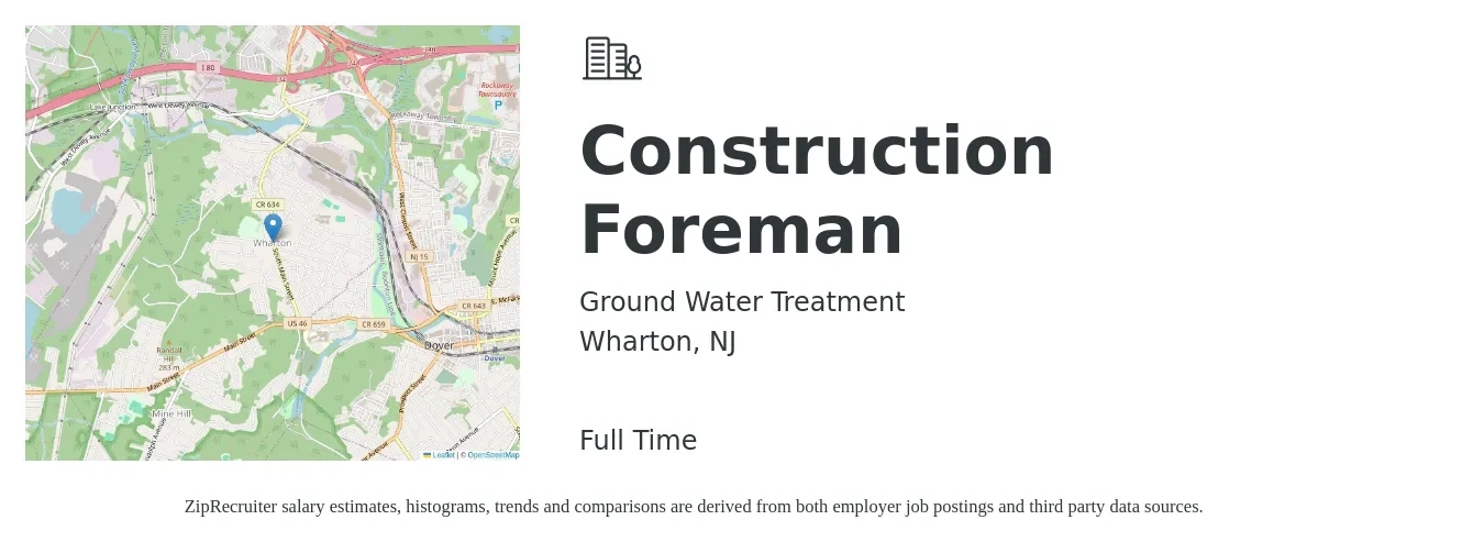 Ground Water Treatment job posting for a Construction Foreman in Wharton, NJ with a salary of $73,900 to $120,300 Yearly with a map of Wharton location.