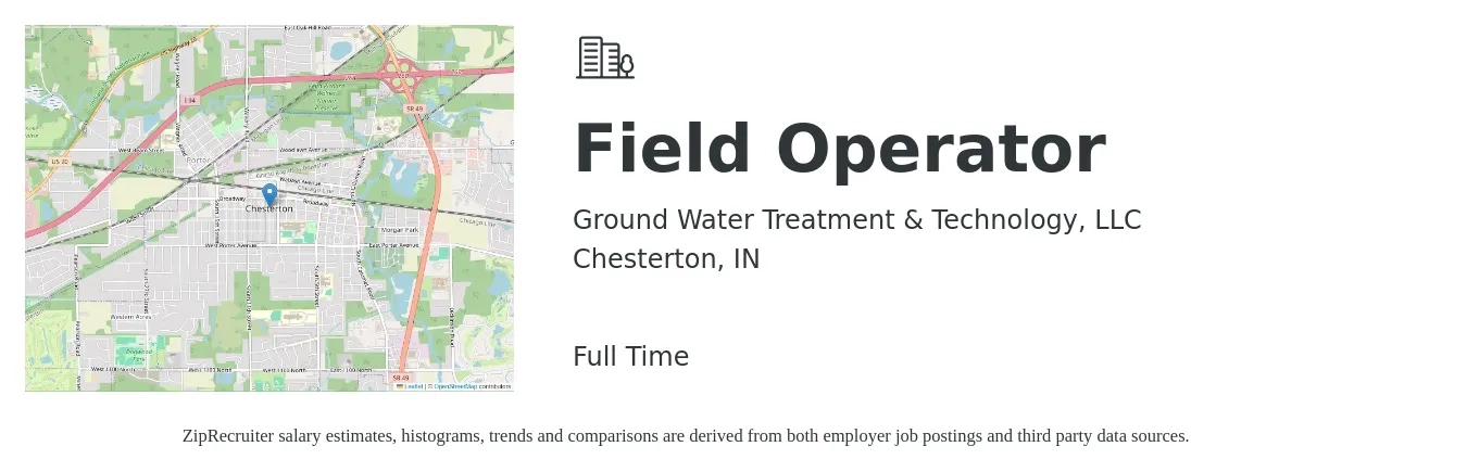 Ground Water Treatment & Technology, LLC job posting for a Field Operator in Chesterton, IN with a salary of $18 to $25 Hourly with a map of Chesterton location.