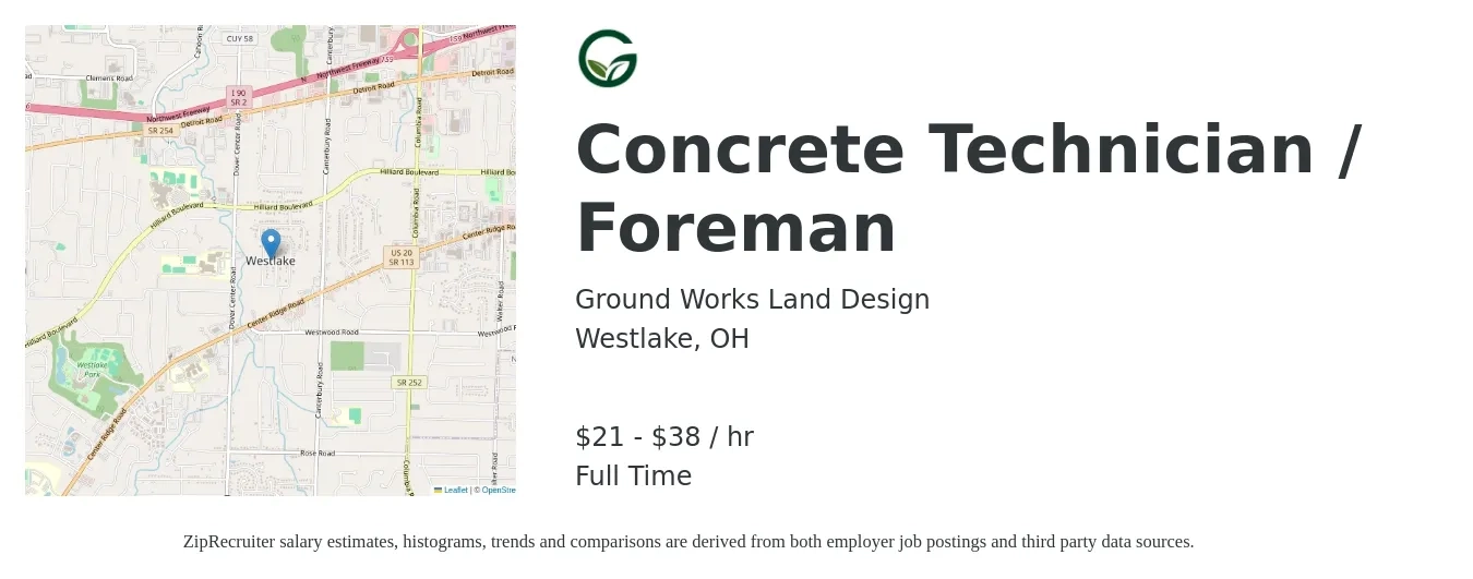 Ground Works Land Design job posting for a Concrete Technician / Foreman in Westlake, OH with a salary of $22 to $40 Hourly with a map of Westlake location.