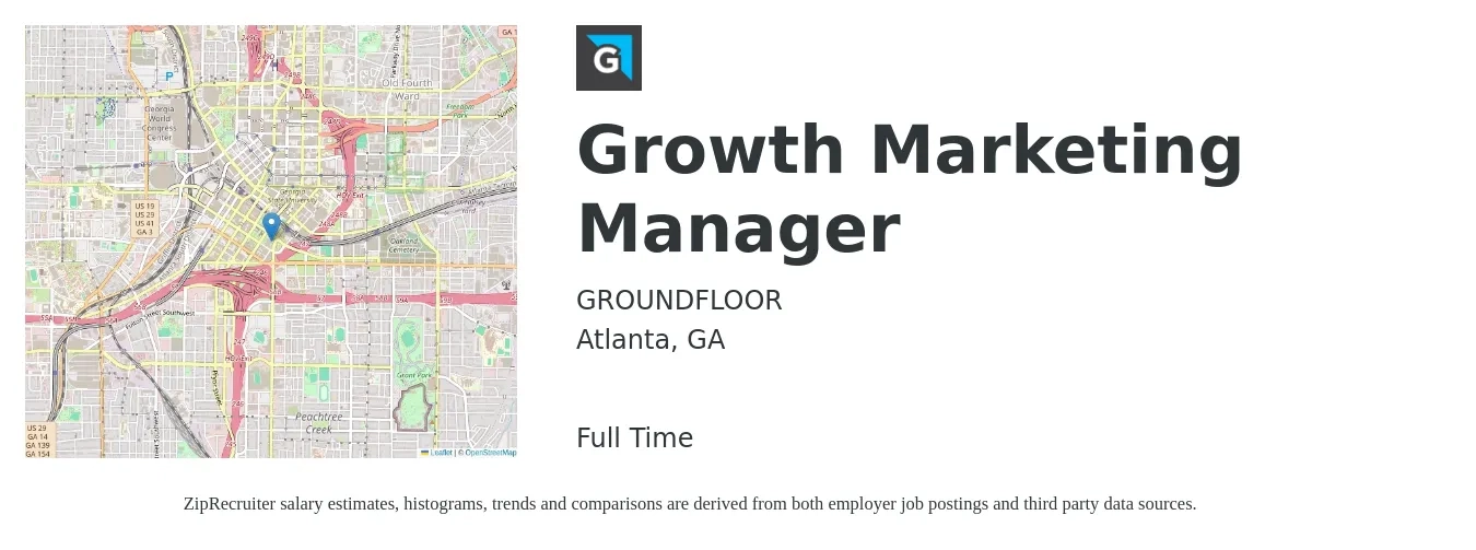 Groundfloor job posting for a Growth Marketing Manager in Atlanta, GA with a salary of $57,700 to $94,200 Yearly with a map of Atlanta location.