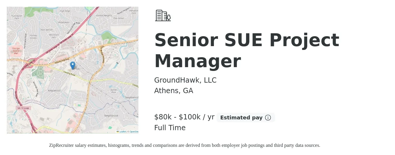 GroundHawk, LLC job posting for a Senior SUE Project Manager in Athens, GA with a salary of $80,000 to $100,000 Yearly with a map of Athens location.