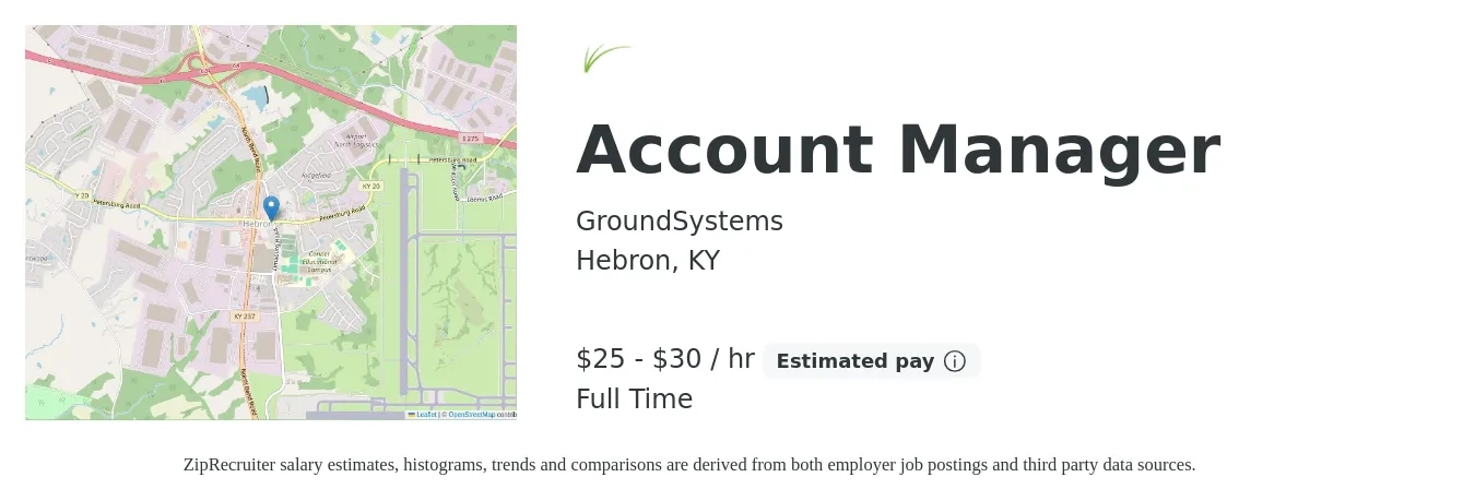 GroundSystems job posting for a Account Manager in Hebron, KY with a salary of $55,000 to $65,000 Yearly with a map of Hebron location.