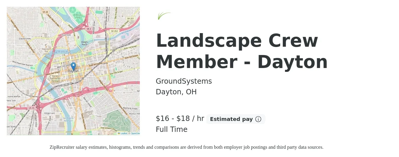 GroundSystems job posting for a Landscape Crew Member - Dayton in Dayton, OH with a salary of $17 to $19 Hourly with a map of Dayton location.