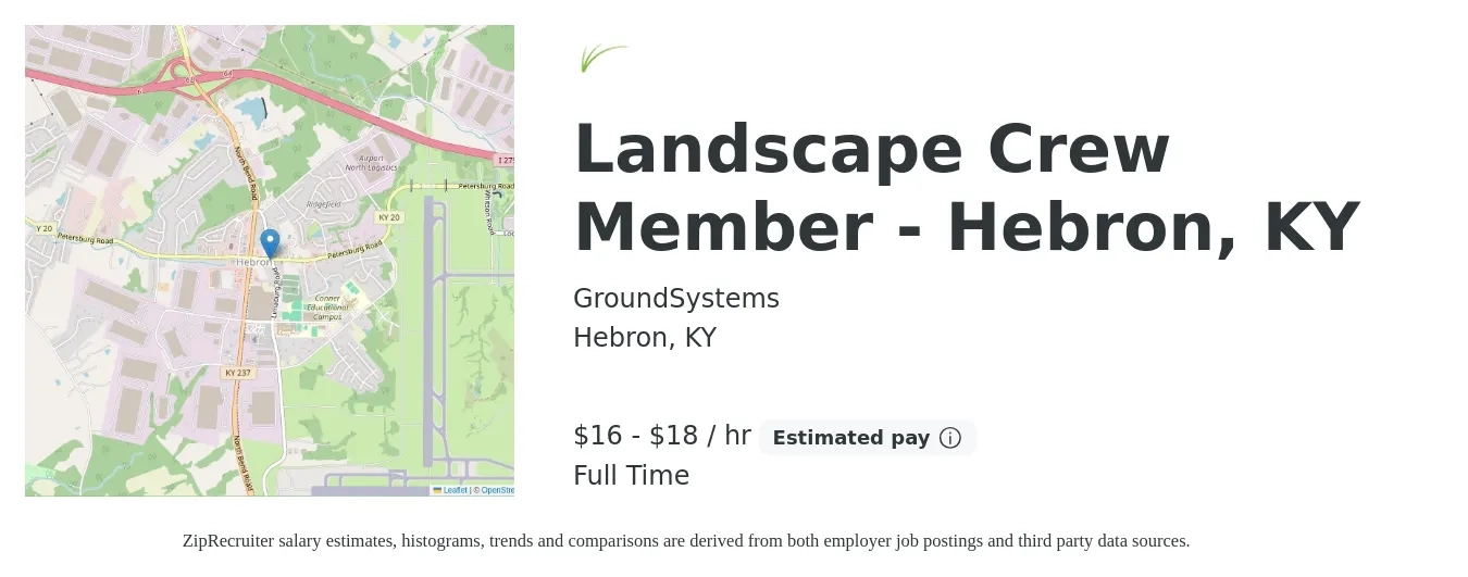 GroundSystems job posting for a Landscape Crew Member - Hebron, KY in Hebron, KY with a salary of $17 to $19 Hourly with a map of Hebron location.