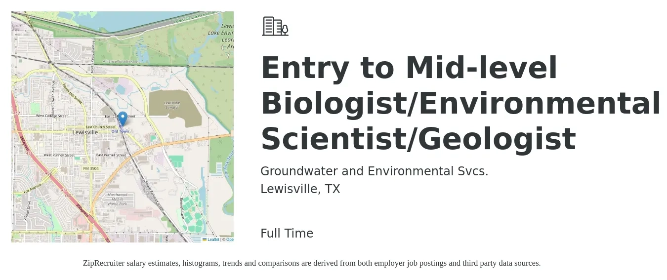Groundwater and Environmental Svcs. job posting for a Entry to Mid-level Biologist/Environmental Scientist/Geologist in Lewisville, TX with a salary of $69,200 to $90,900 Yearly with a map of Lewisville location.