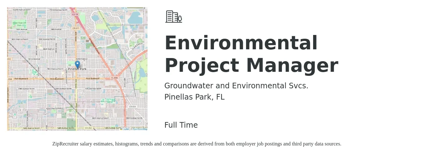 Groundwater and Environmental Svcs. job posting for a Environmental Project Manager in Pinellas Park, FL with a salary of $61,100 to $88,800 Yearly with a map of Pinellas Park location.