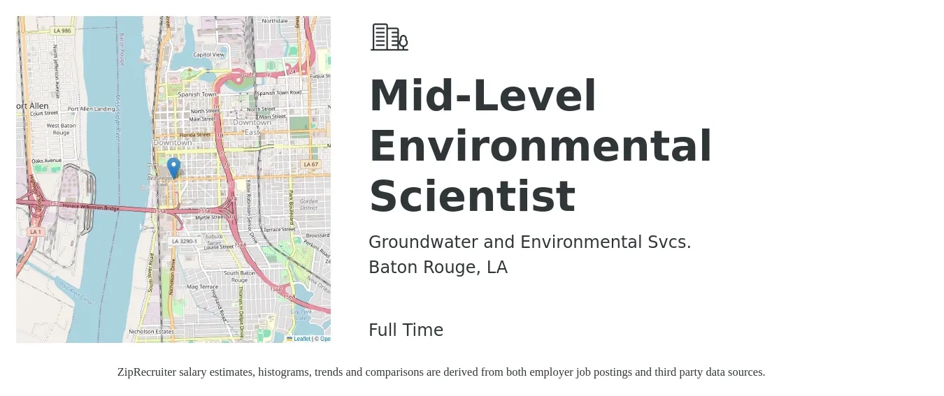 Groundwater and Environmental Svcs. job posting for a Mid-Level Environmental Scientist in Baton Rouge, LA with a salary of $65,700 to $86,200 Yearly with a map of Baton Rouge location.