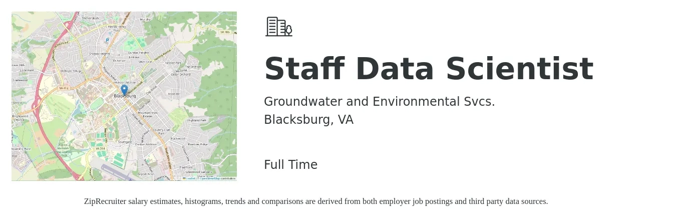 Groundwater and Environmental Svcs. job posting for a Staff Data Scientist in Blacksburg, VA with a salary of $84,300 to $116,400 Yearly with a map of Blacksburg location.