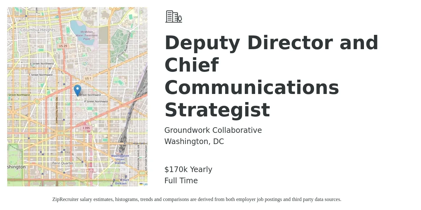 Groundwork Collaborative job posting for a Deputy Director and Chief Communications Strategist in Washington, DC with a salary of $170,000 Yearly with a map of Washington location.